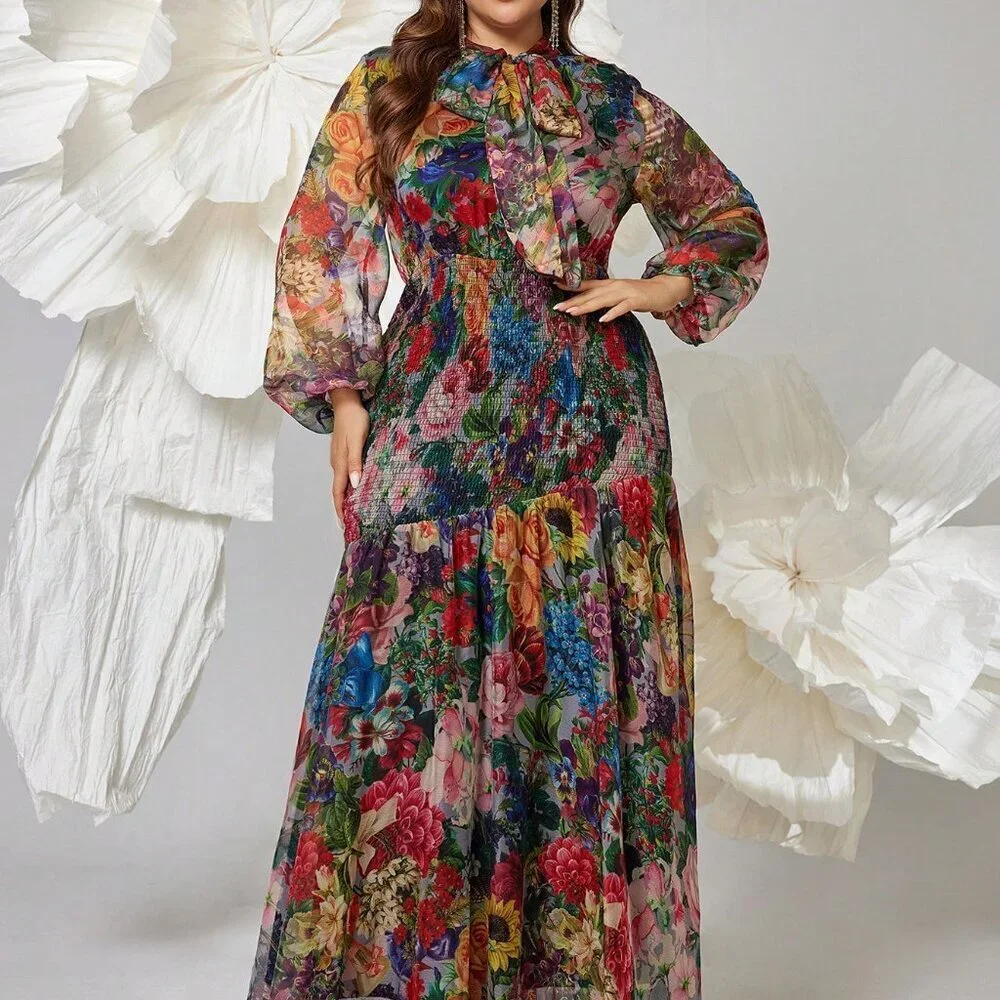 Multicolor Elegant Women's Plus Size Floral V-Neck Lantern Sleeve Maxi Dress - Picture 4 of 6